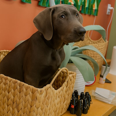 Dog in basket - Lola at Sashies