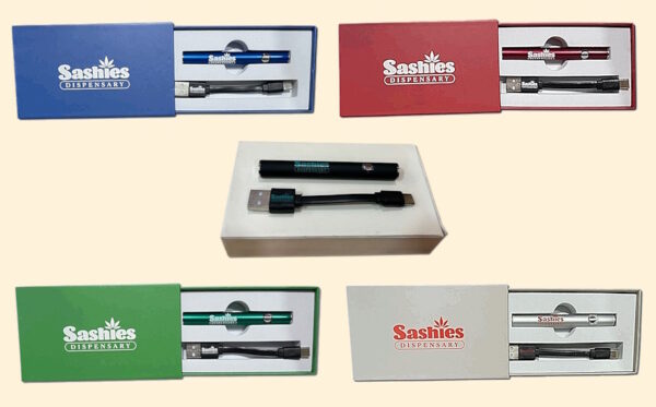 Sashies custom 510-thread batteries in five colors β blue, red, black, green, and silver - each in a matching branded box.