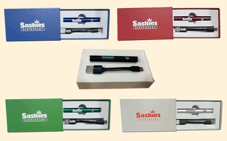 Sashies custom 510-thread batteries in five colors — blue, red, black, green, and silver - each in a matching branded box.